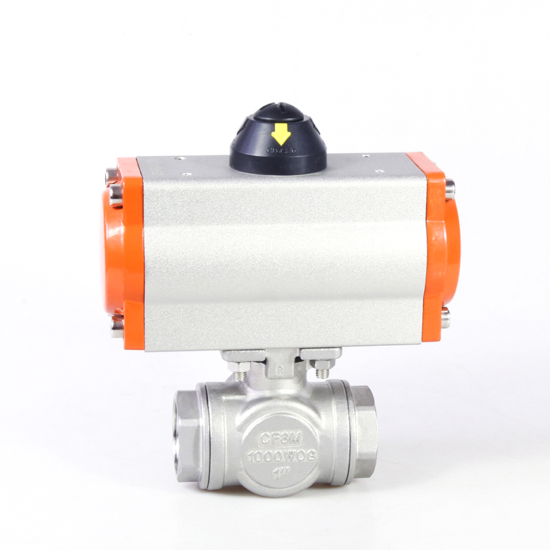 Three Way Three pieces Stainless Steel Pneumatic Ball Valve Female Thread Double Acting Cylinder Actuator Ball Valve